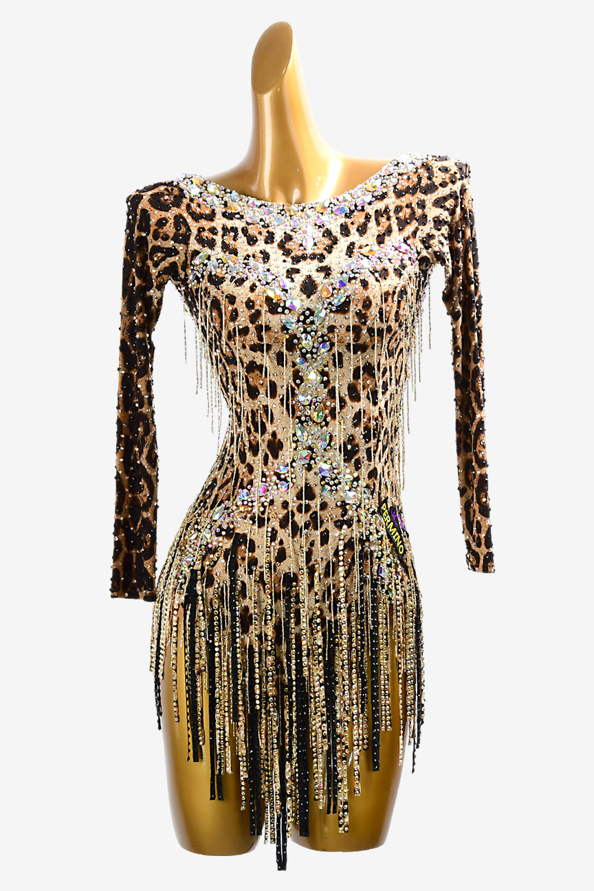 Permino leopard print Latin dress with white crystal AB, stone fringes & gold beaded fringes