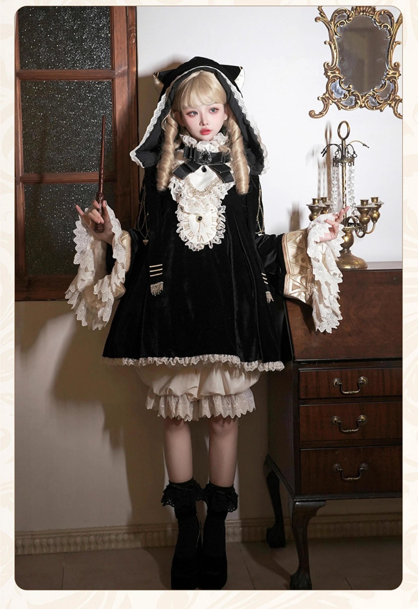 LizBird~Reincarnated Clock~Vintage Lolita OP Dress Set Lolita Bloomers