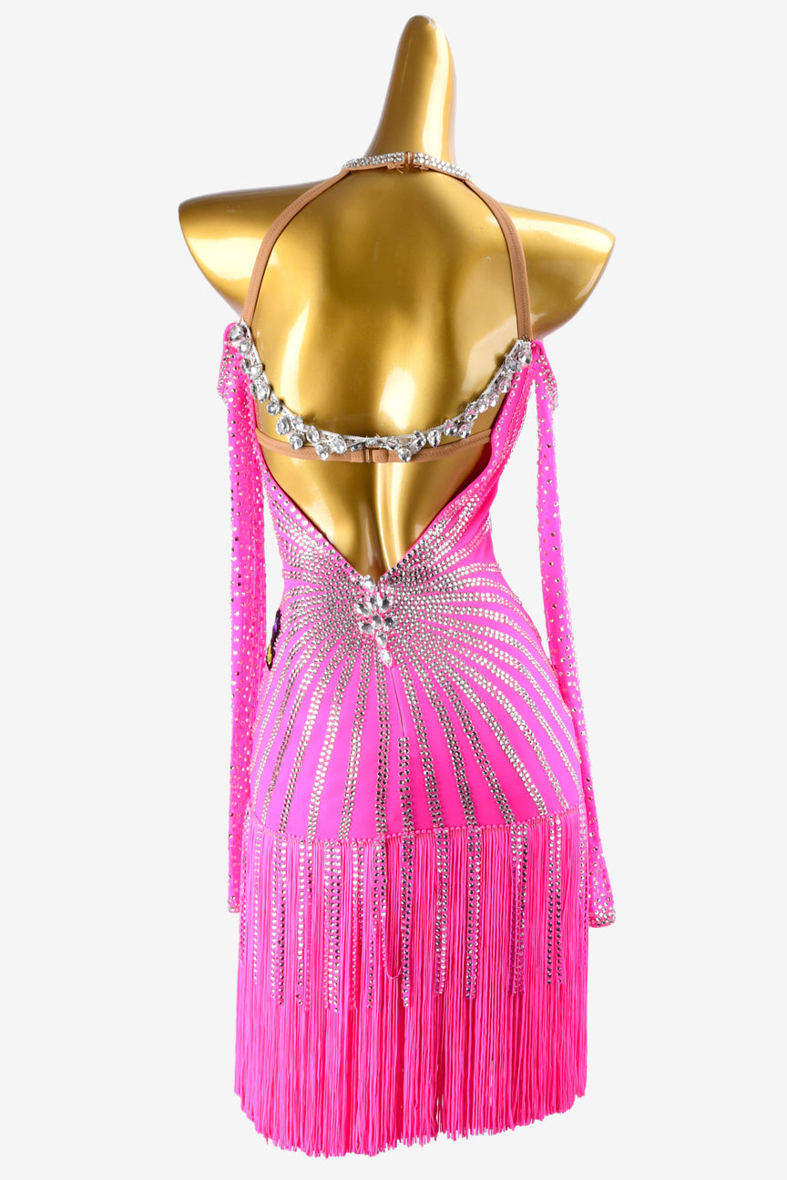 Permino light pink lycra Latin dress with stone fringes, fringes, silver crystals & sew-on stones