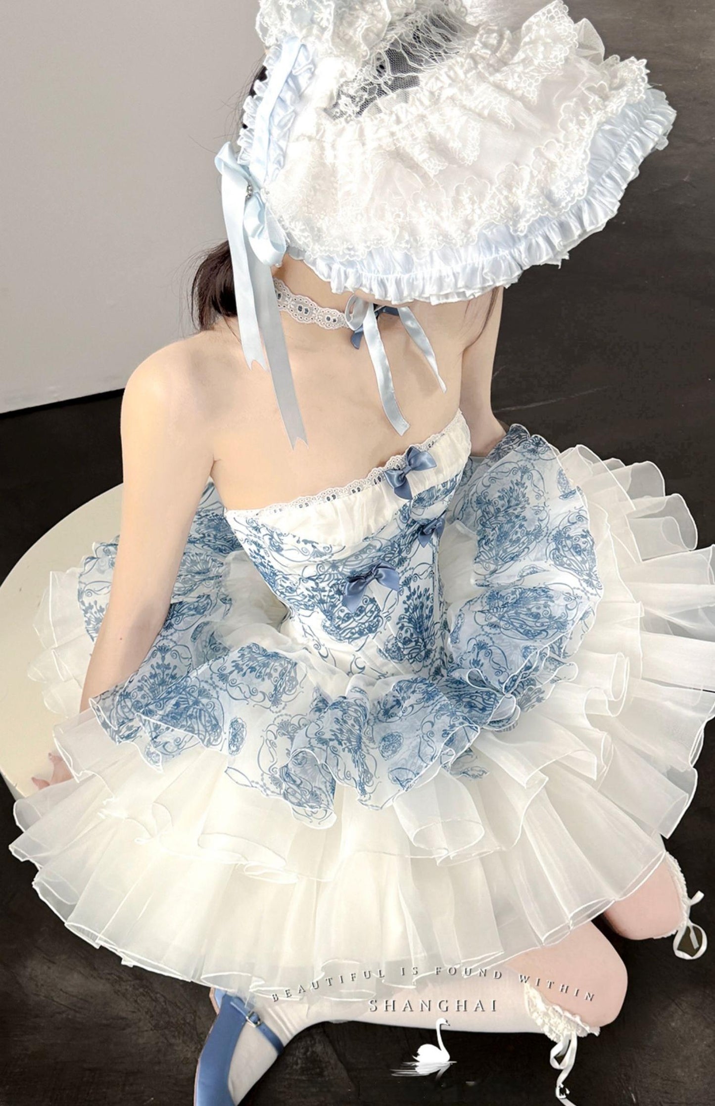 POSHEPOSE~Blue and White Porcelain~Princess Lolita JSK Dress Plush Cape