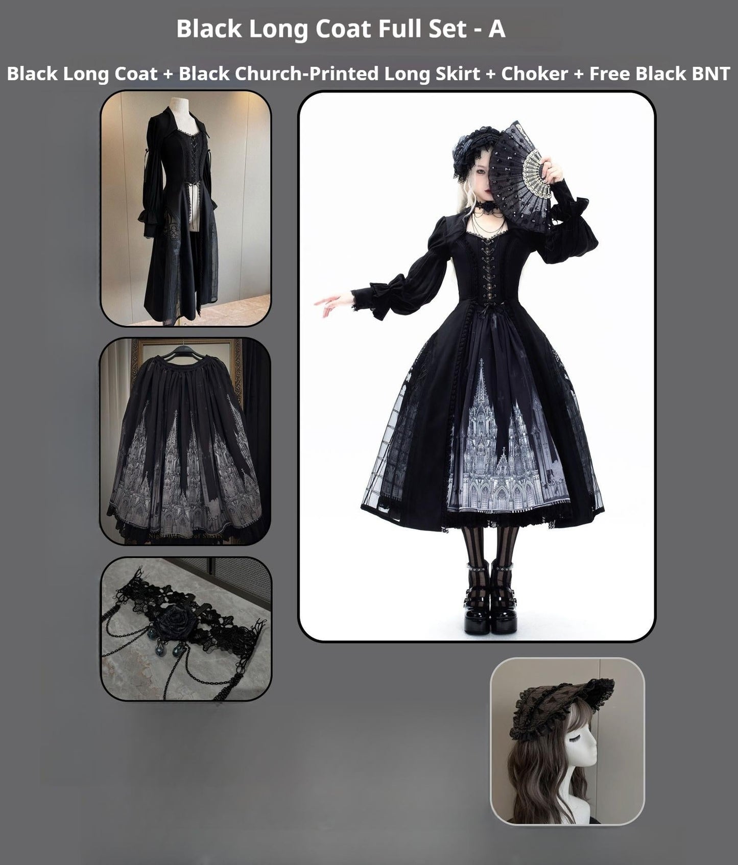Susin Lolita~Night Traveler~Gothic Lolita Skirt Outfit Long Coat Shirt and Bustier Set