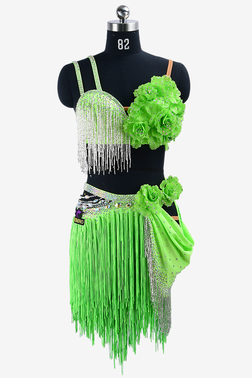 Permino lime green matt lycra Latin dress with AB stones, beaded fringes, fringes & flower appliques