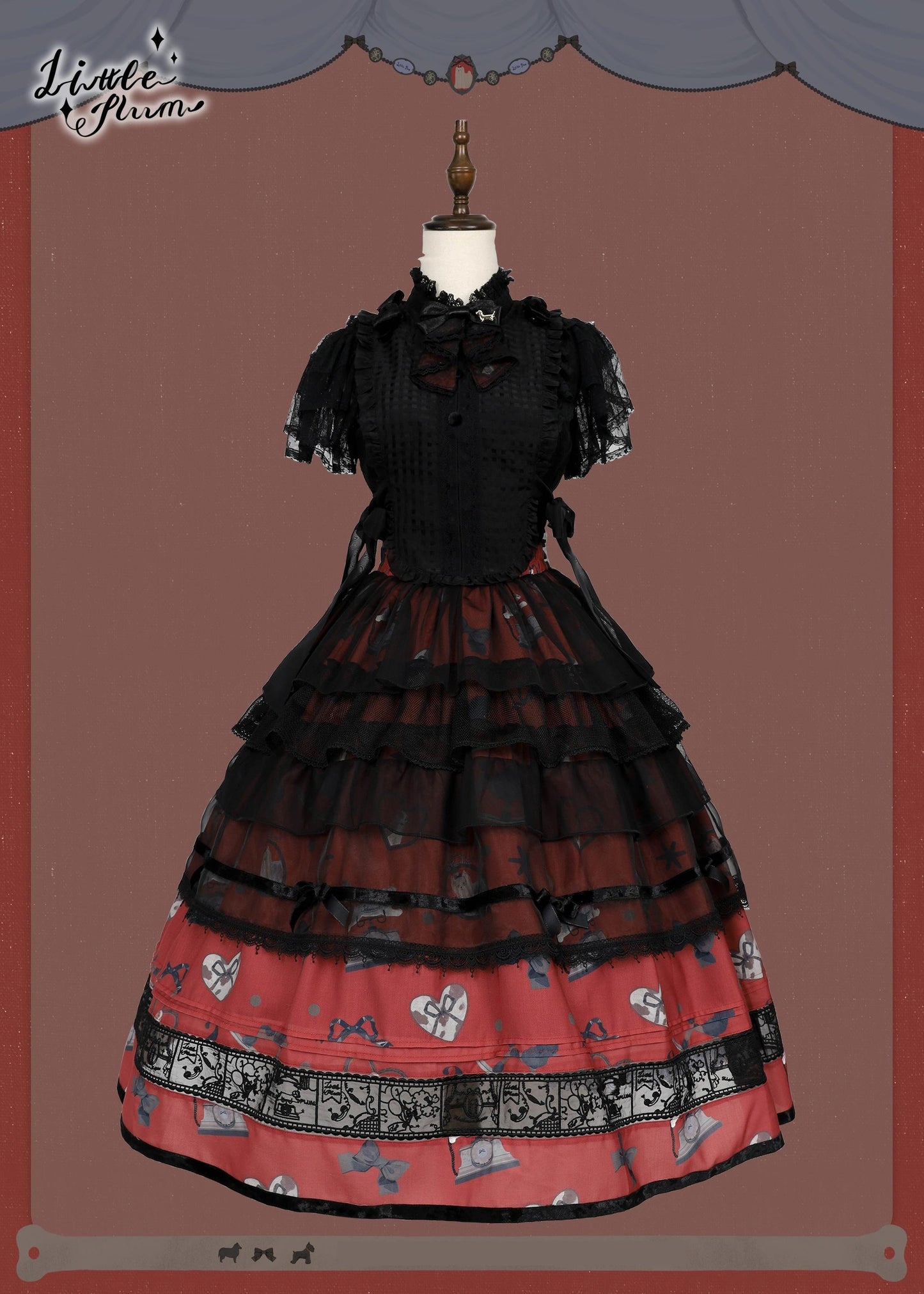 LittlePlum~Telephone Dog~Black Red Classic Lolita Dress Set with OP JSK and Skirt