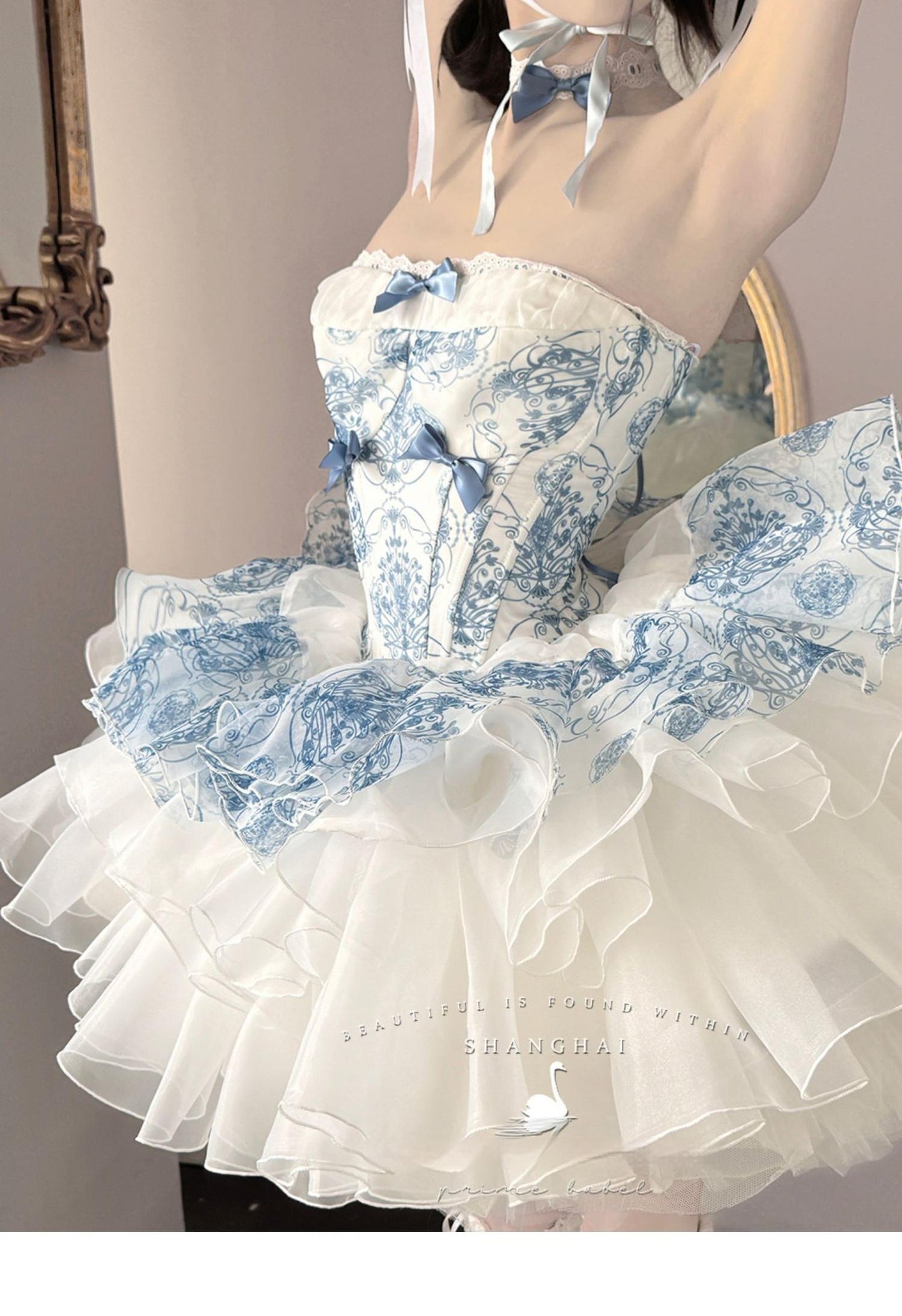 POSHEPOSE~Blue and White Porcelain~Princess Lolita JSK Dress Plush Cape