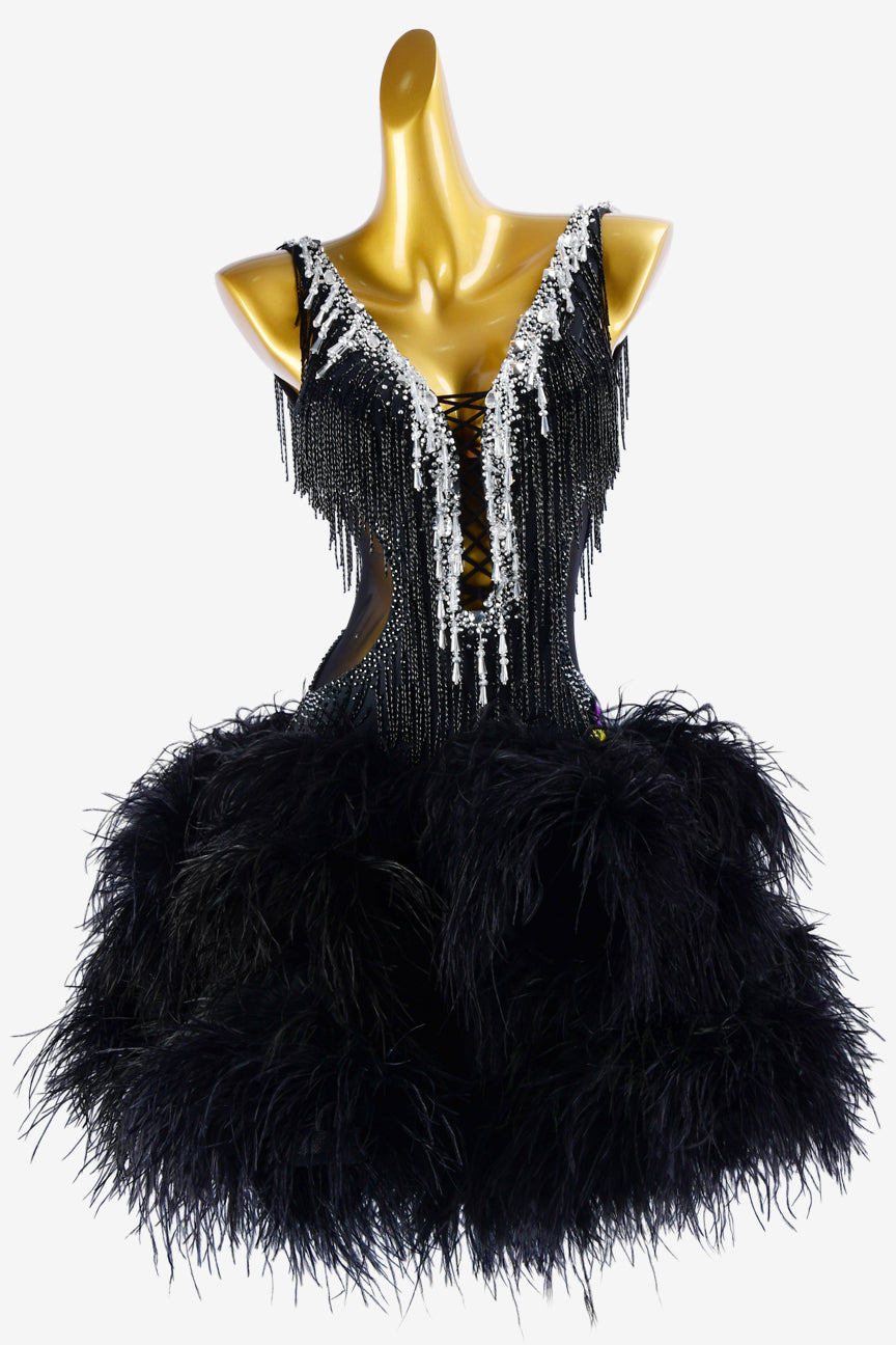 Permino black lycra Latin dress with sheer beadings, beaded fringes, feathers & rhinestones