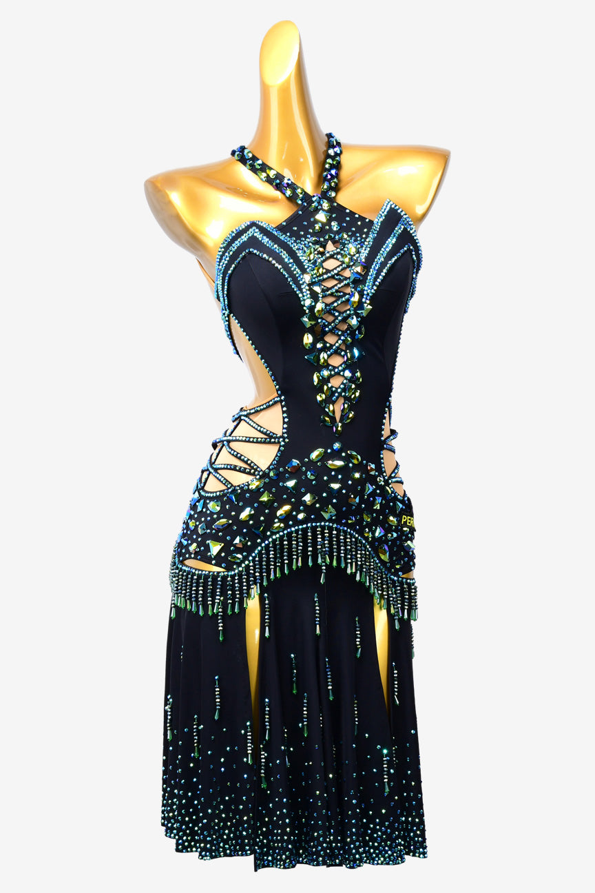 Permino black stretch crepe draping Latin dress with sea green AB stones & beadings