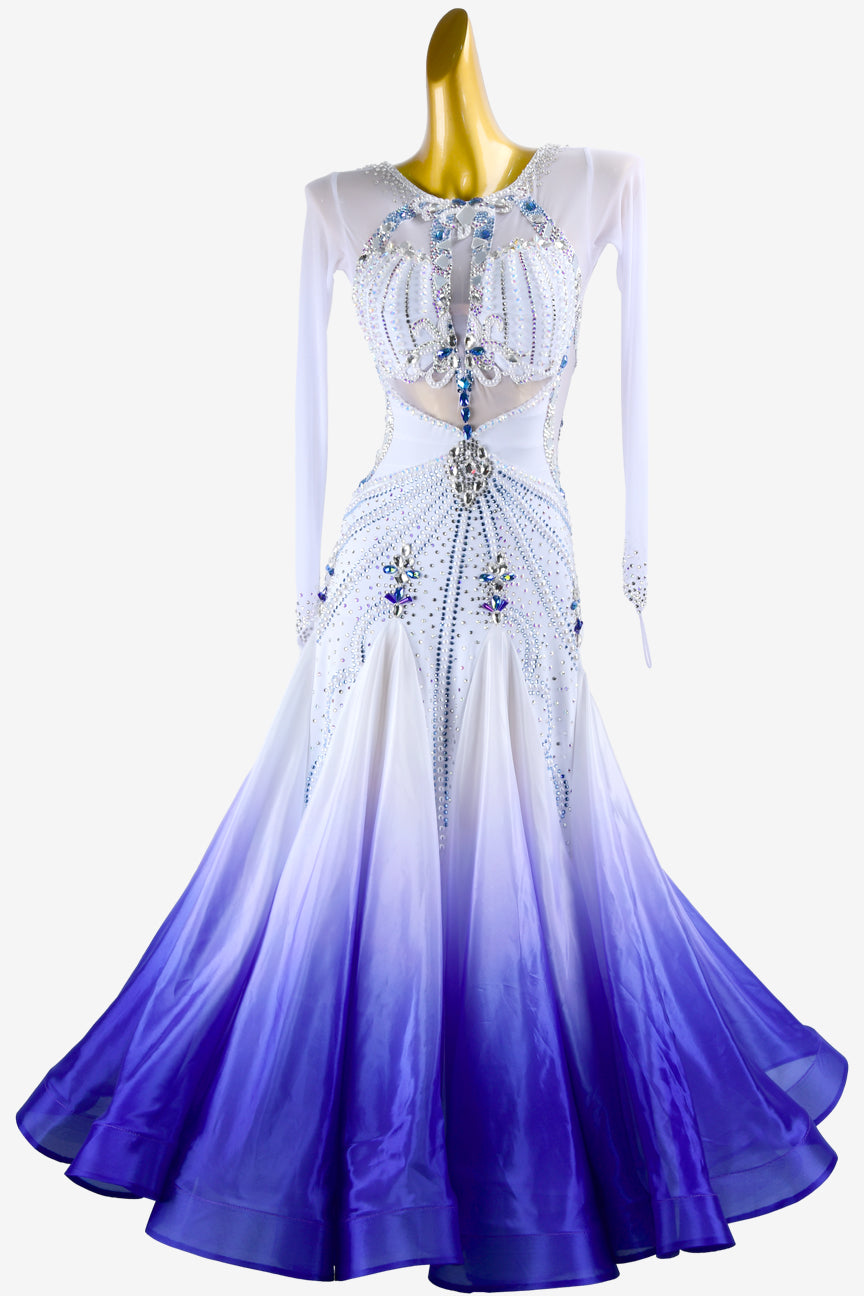 Permino white mesh Standard dress with shaded blue pearl chiffon underskirt, AB crystals & blue sew-on stones