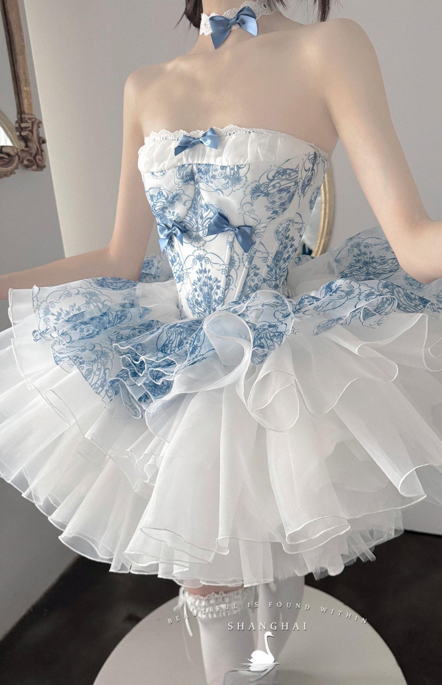 POSHEPOSE~Blue and White Porcelain~Princess Lolita JSK Dress Plush Cape