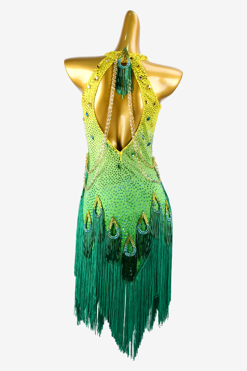 Permino yellow shaded seagreen Latin dress with beaded fringe, AB sew-on stones & fringes