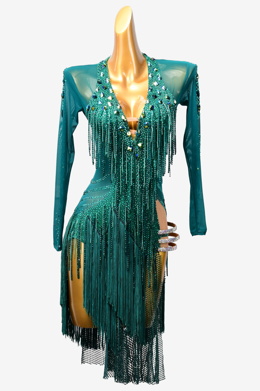 Permino navy blue Latin dress with stone fringes, fishnet,crystal AB and fringe