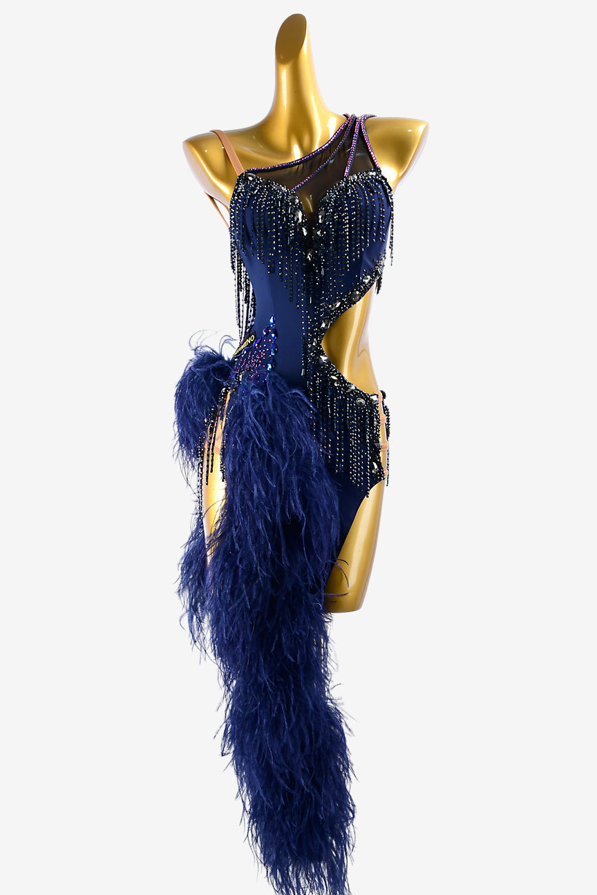 Permino dark blue lycra Latin dress with feathers, stone fringes, rhinestones & sew-on stones