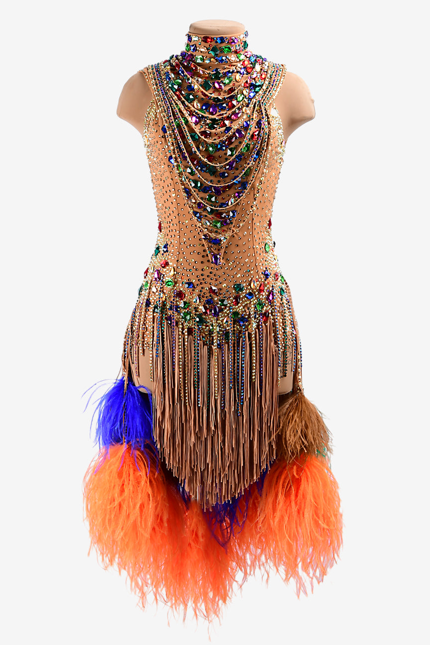 Permino fleshtone lycra Latin dress with stone fringes, colorful feathers, fringes, rhinestones & sew-on stones