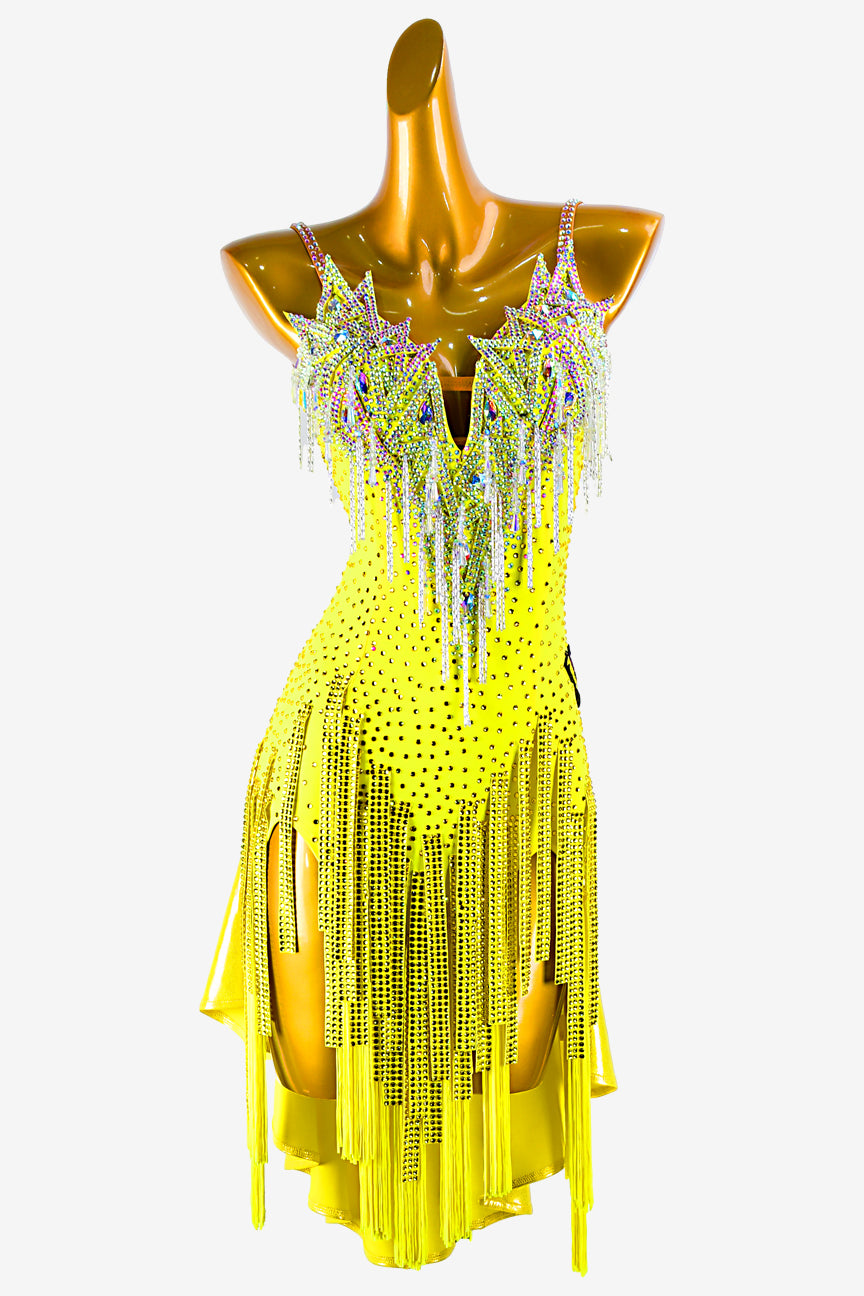 Permino yellow lustre lycra backless Latin dress with stone fringes and white beaded fringes