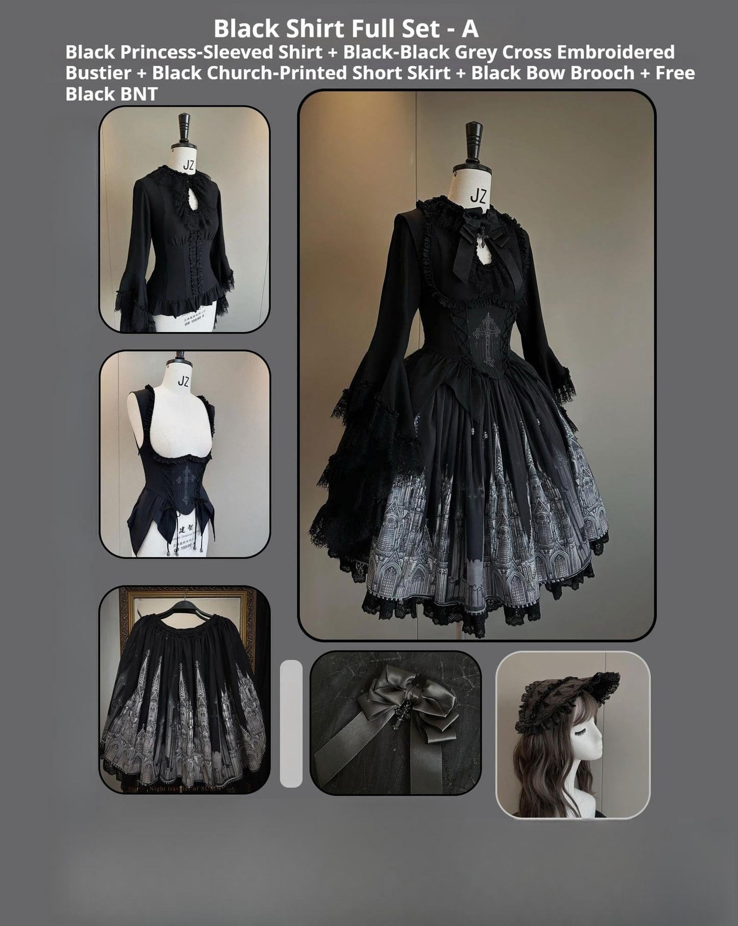 Susin Lolita~Night Traveler~Gothic Lolita Skirt Outfit Long Coat Shirt and Bustier Set