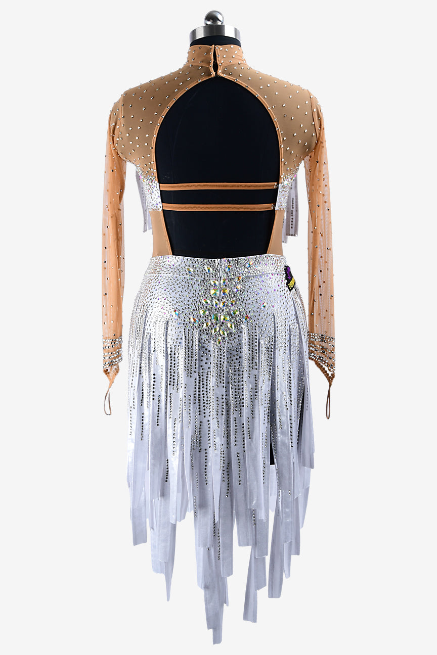 Permino white & metallic lycra Latin dress with fleshtone mesh body, stone fringes & AB crystals
