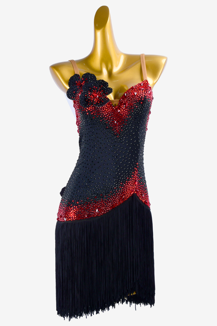 Permino black matt lycra Latin dress with fringes, rhinestone appliques, red crystals & sew-on stones