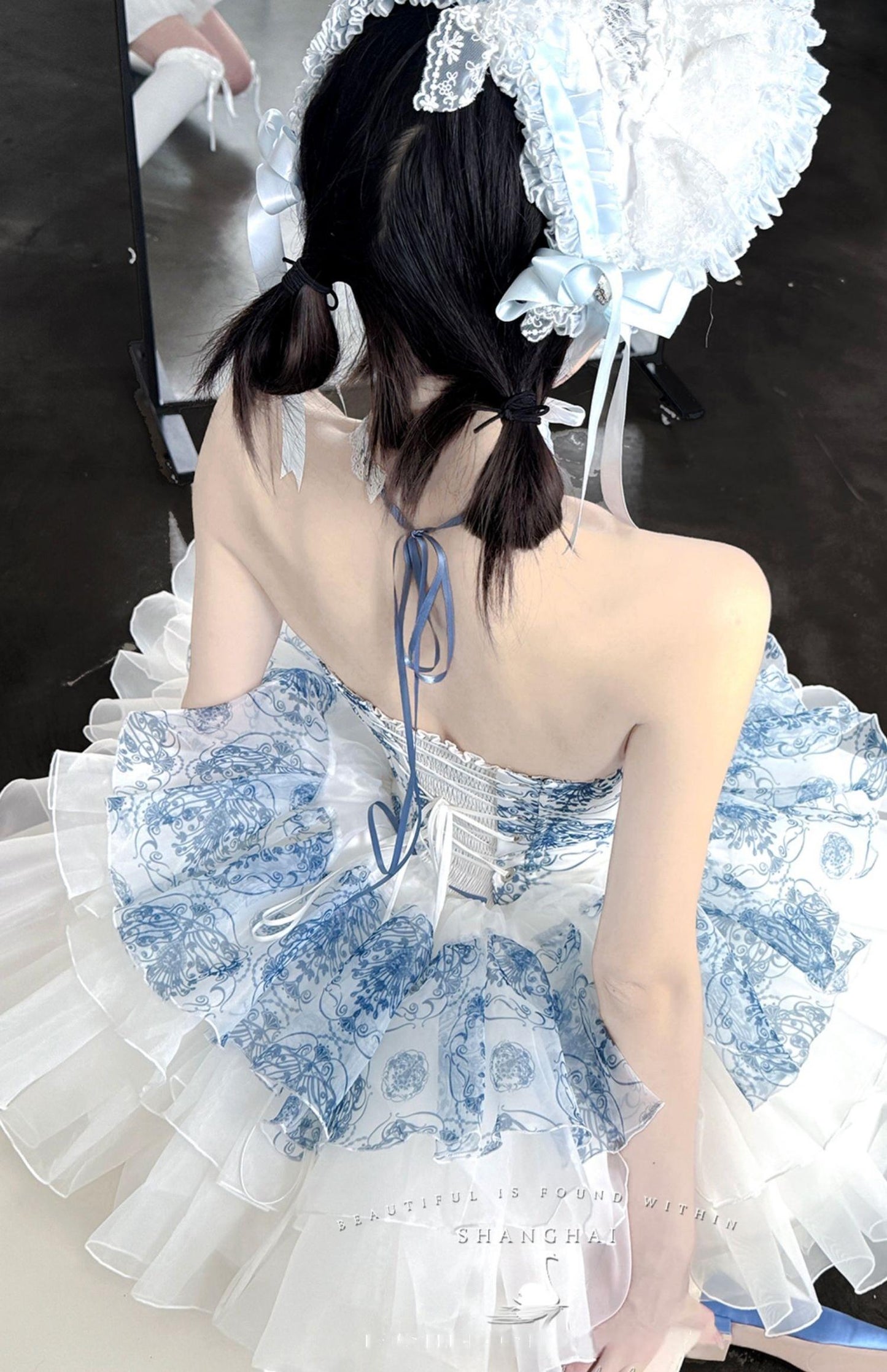 POSHEPOSE~Blue and White Porcelain~Princess Lolita JSK Dress Plush Cape