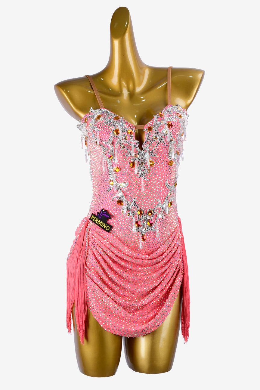 Permino palecioletred matt lycra Latin dress with white beadings, rhinestone, fringes & gold sew-on stones