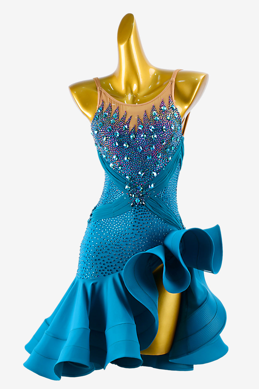 Permino jade matt lycra backless Latin dress with ruffle fishbone underskirts, rhinestone & sew-on stones