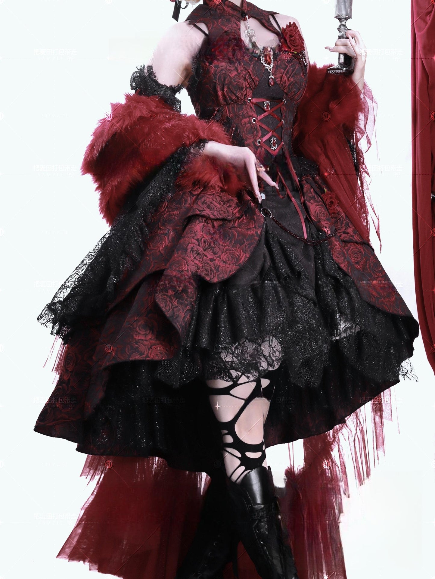 Cornfield Lolita~Rose Blood~Black Red Gothic Lolita JSK Jacquard Court Dress