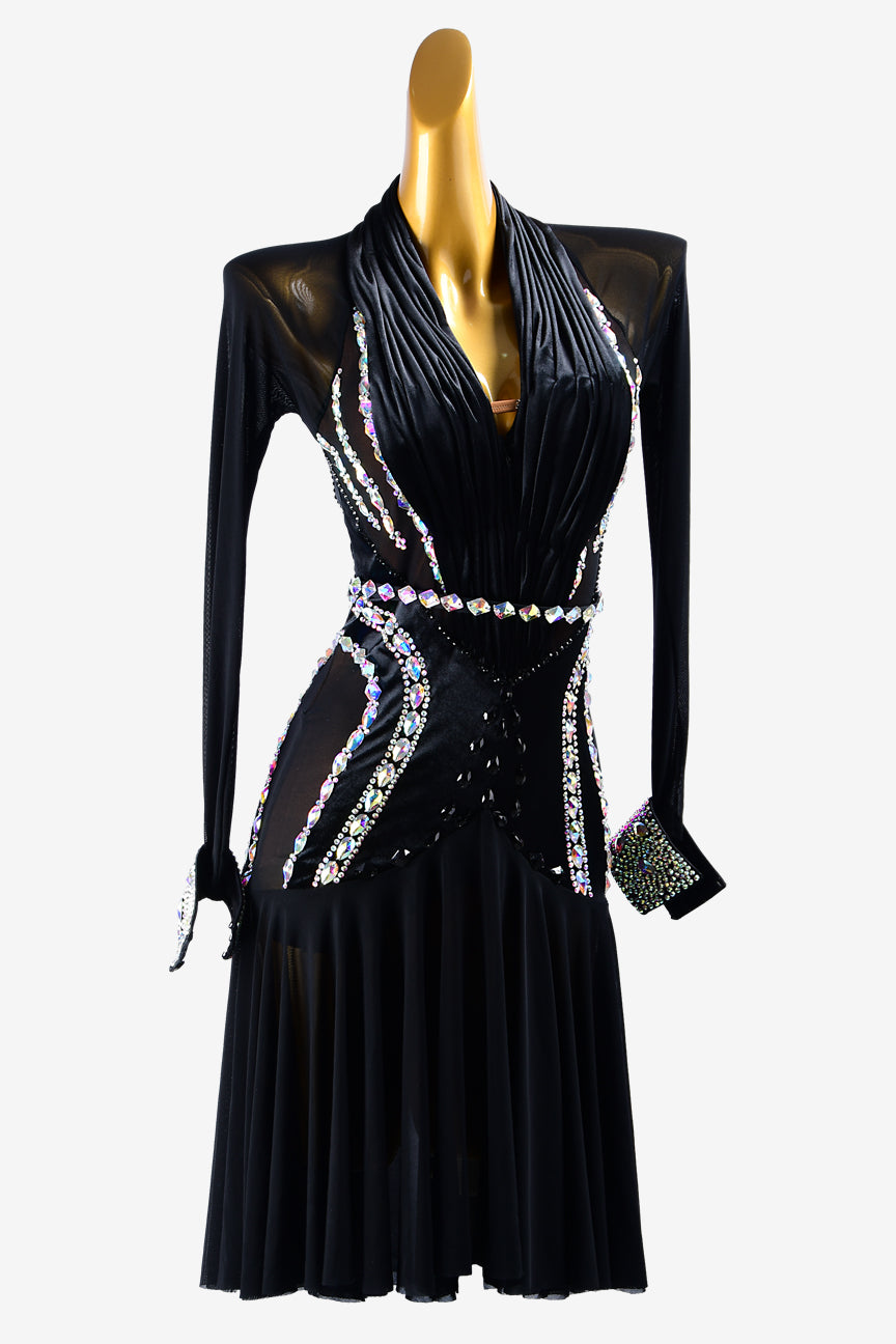 Permino black mesh & smooth Velvet Latin dress with AB crystals & AB sew-on stones