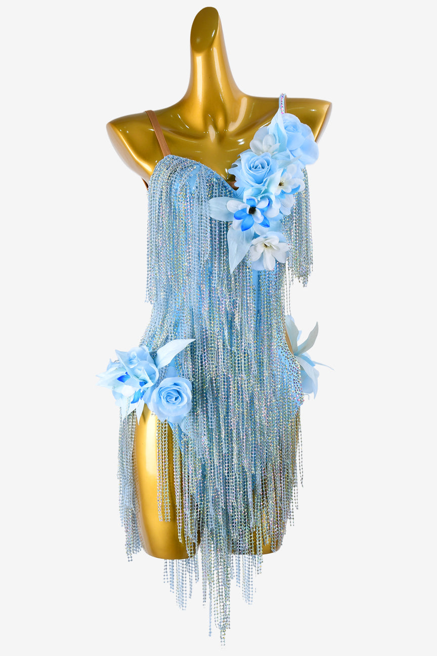 Permino sky blue matt lycra Latin dress with crystal AB, flower appliques & crystal fishnet fringes