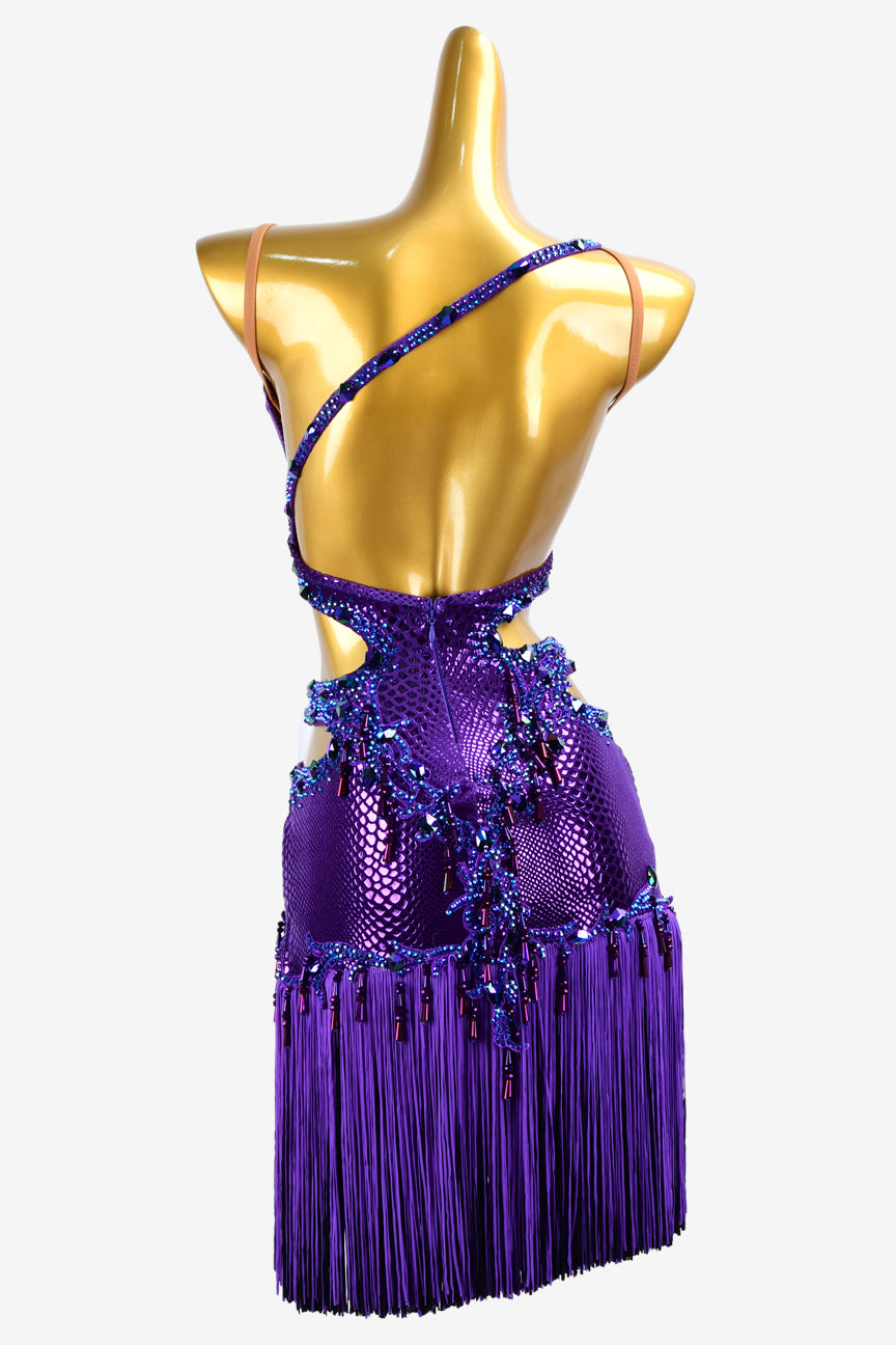 Permino purple backless python shine lycra latin dress with beadings, fringes, lace appliqués & rhinestones
