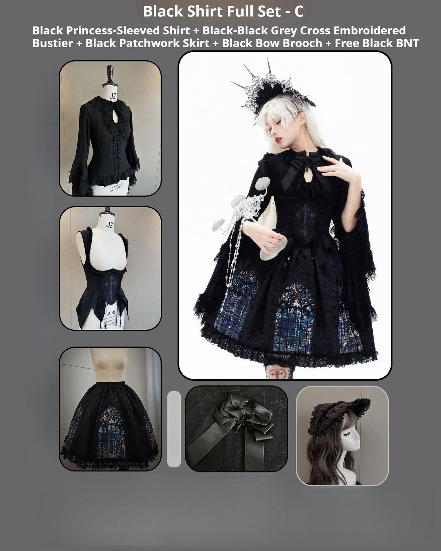 Susin Lolita~Night Traveler~Gothic Lolita Skirt Outfit Long Coat Shirt and Bustier Set