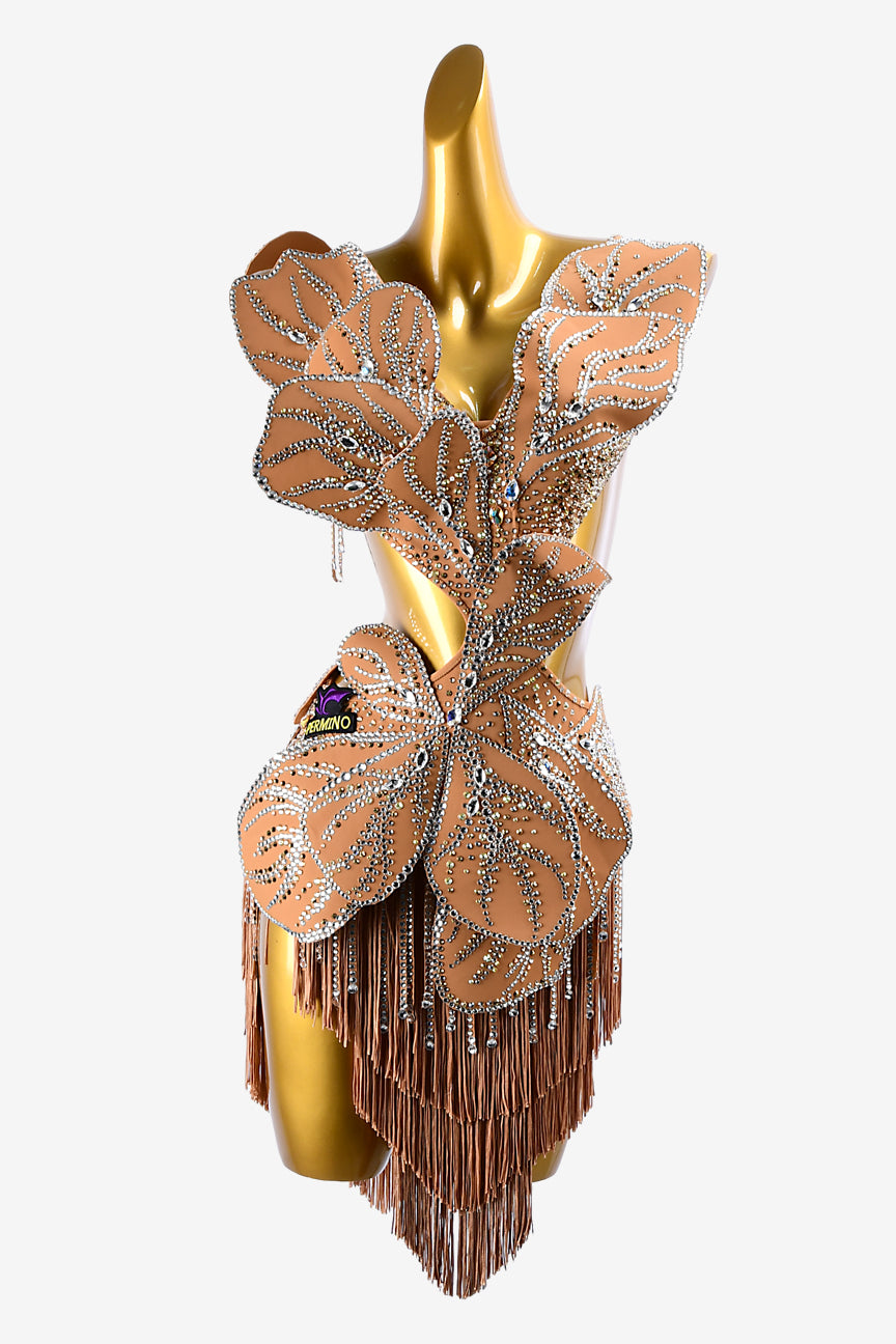 Permino burly wood matt lycra Latin dress with appliques, fringes, stone fringes, rhinestone sew-on stones