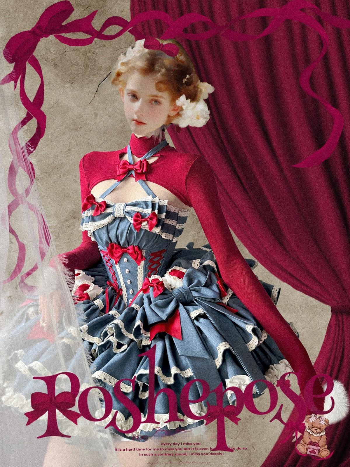 POSHEPOSE~First Cherry Rabbit~Sweet Lolita Dress Halter Neck Jumper Dress and Cardigan