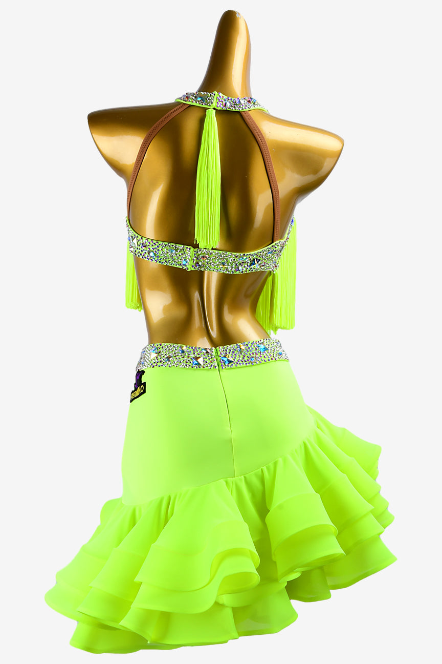 Permino light lime green matt lycra Latin dress with fringes, AB stones & sew-on crystals