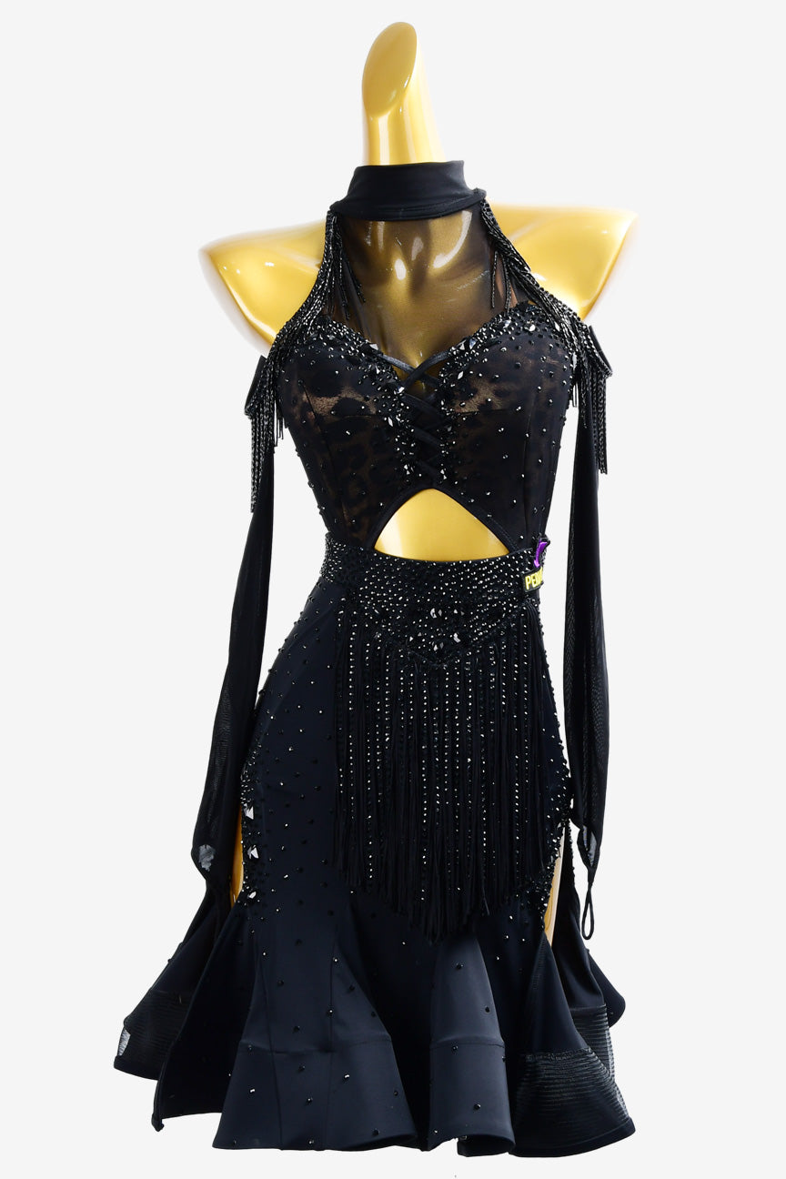 Permino black Latin dress with fringe,crystal AB and beaded fringe