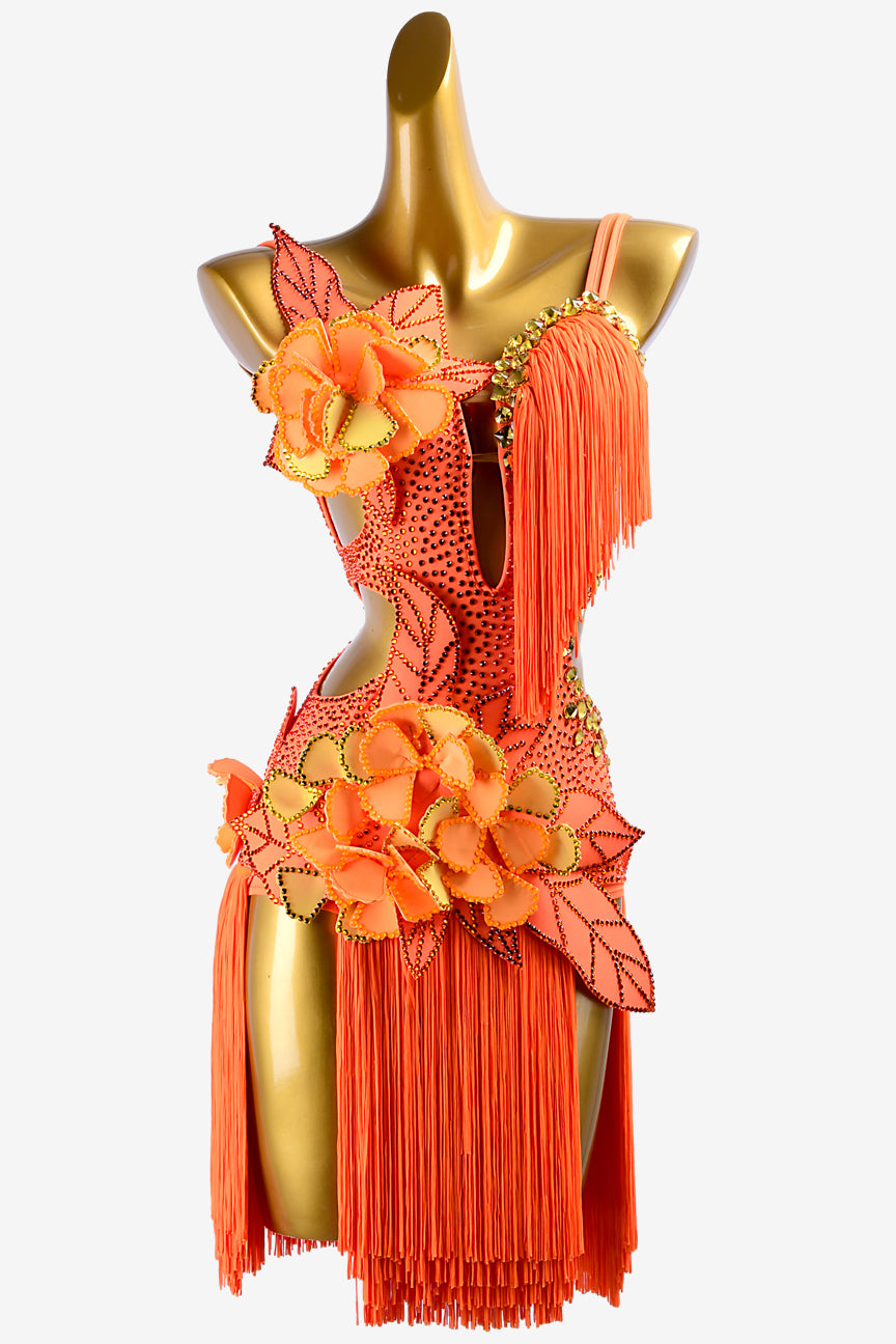 Permino orange matt lycra Latin dress with fringes, flower appliques, crystals & sew-on stones