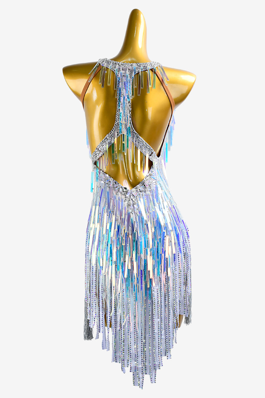 Silver metallic lycra rhythm dress with colorful sequins