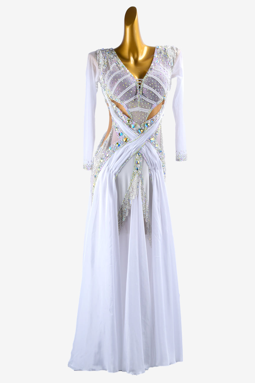 Permino white mesh Standard dress with silver beaded fringes, beadings, AB crystals & sew-on stones