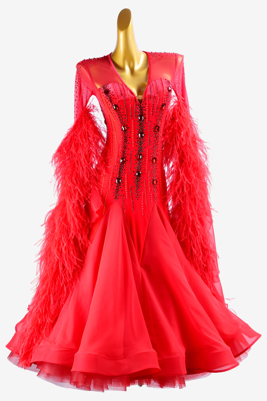 Permino red lycra Standard dress with pearl chiffon underskirt with feathers, crystals & sew-on stones
