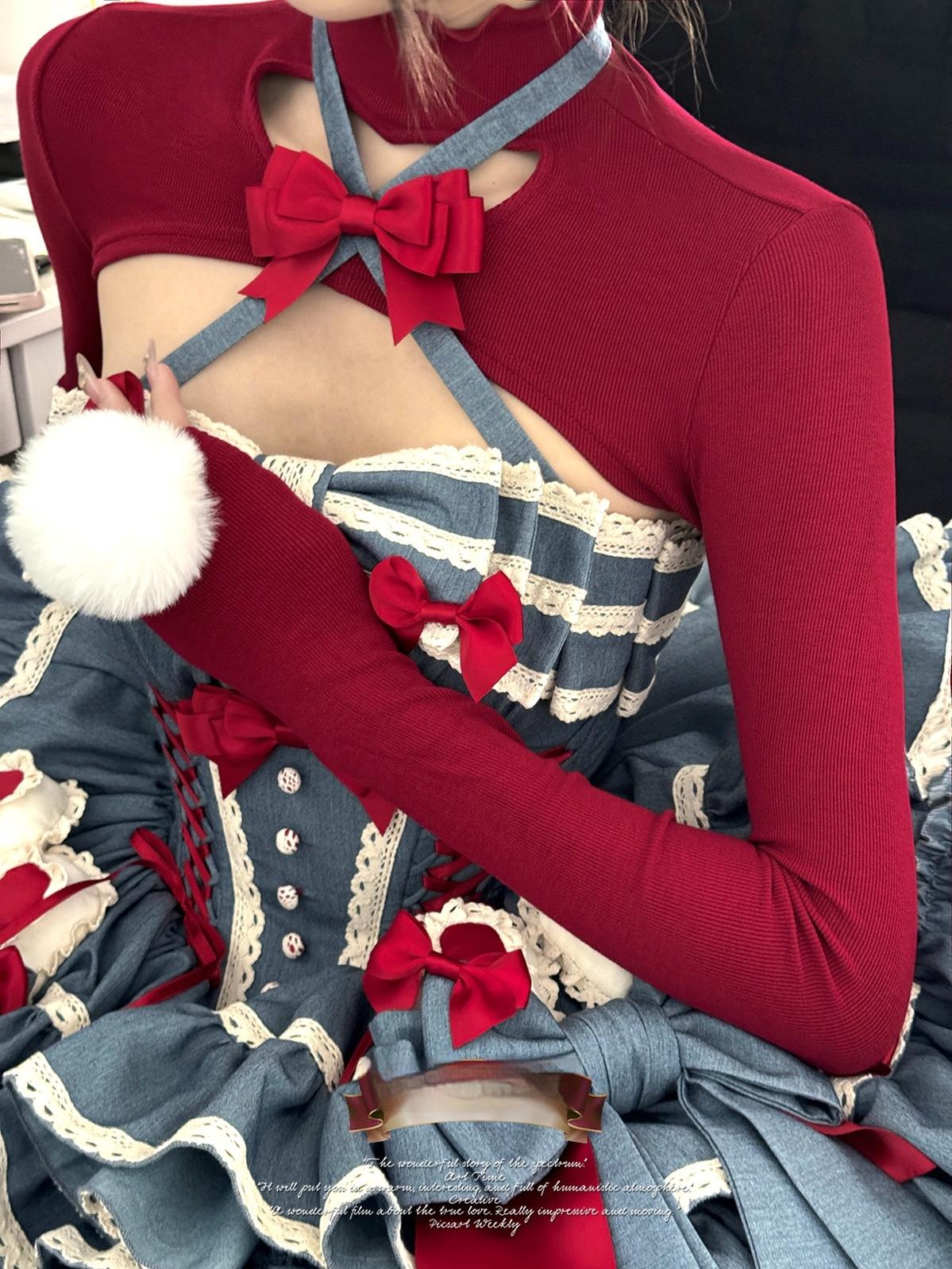 POSHEPOSE~First Cherry Rabbit~Sweet Lolita Dress Halter Neck Jumper Dress and Cardigan