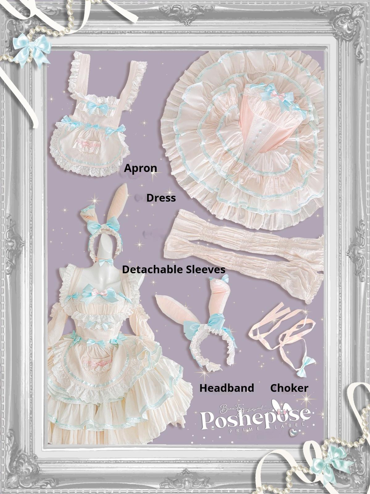 POSHEPOSE~Maid Bunny~Gorgeous Sweet Lolita OP Dress with Detachable Sleeves and Apron