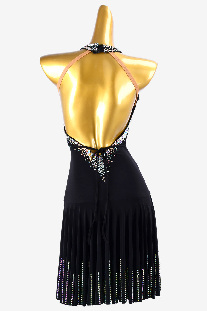 Permino black stretch crepe draping & ruching Latin dress with AB crystals & sew-on stones