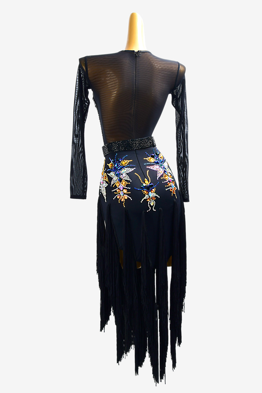 Permino black matt lycra Latin dress with mesh sleeves, fringes & crystal AB